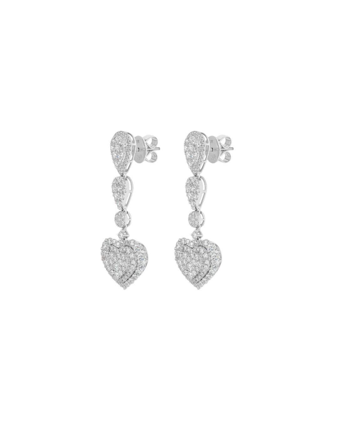 handcrafted diamond drop earrings, elegant diamond earrings for wedding, bespoke diamond earrings Dubai, statement heart earrings with diamonds, premium diamond jewelry EVA GEMS, bridal diamond earrings Dubai, sparkling heart motif earrings, Dubai jewelry shop EVA GEMS